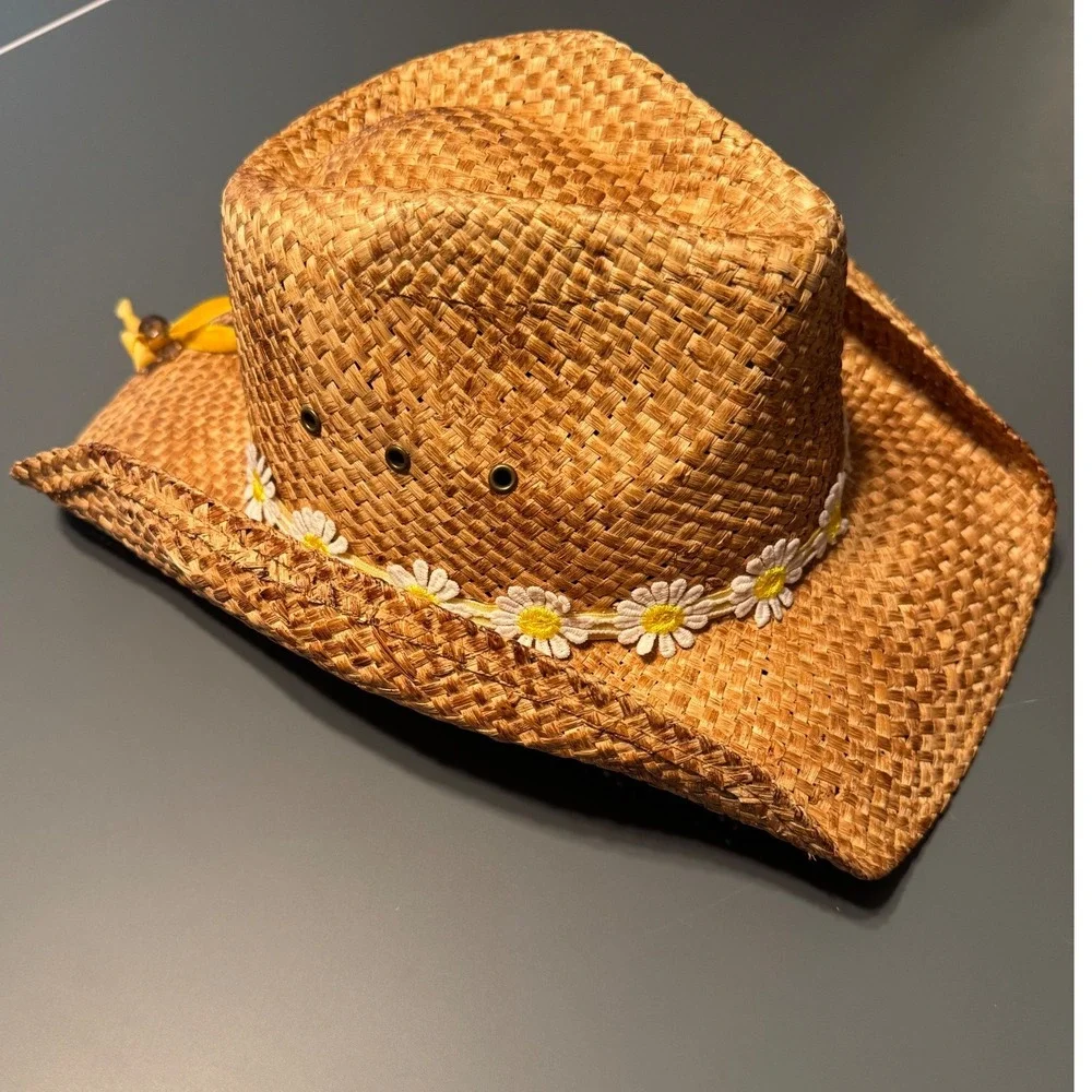 Shyanne Womens Straw Cowboy Hat Brown Daisy Floral Trim Western Boho OS